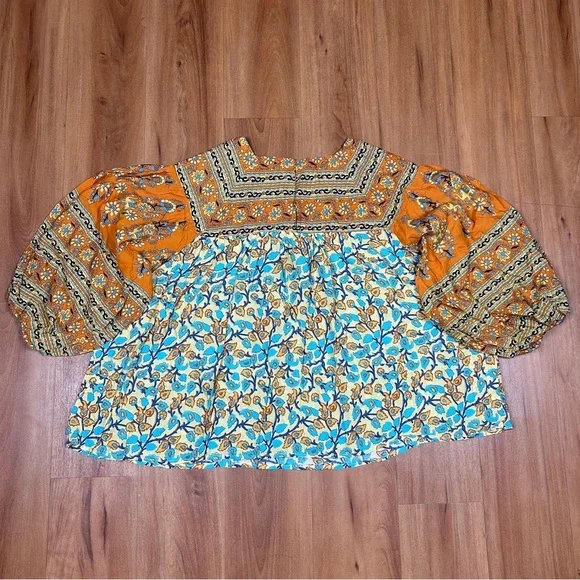 R.Vivimos Women Floral Orange and Blue Boho 3/4 Sleeve Blouse - Picture 2 of 8
